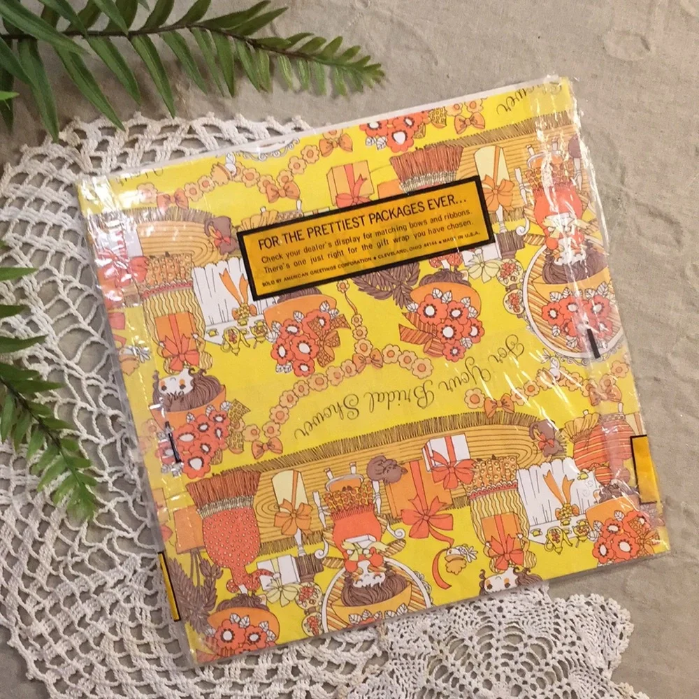 Vintage 1970s Bridal Shower Gift Wrap Paper Tea Party Kitties